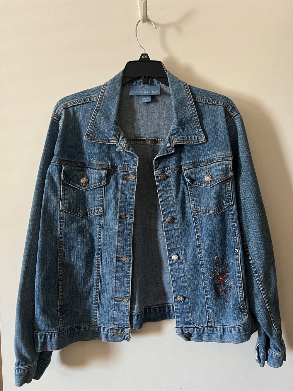 Denim Jacket with Embroidered Detail - Medium Blue